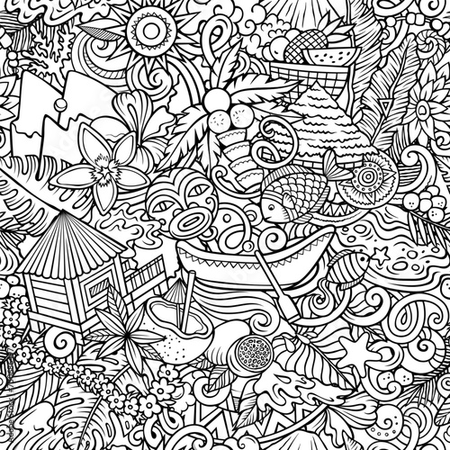 Cartoon doodles Tahiti island seamless pattern