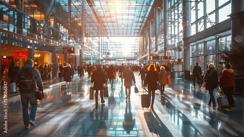 Sunlight streams through the windows of a busy airport terminal filled with passengers and luggage.