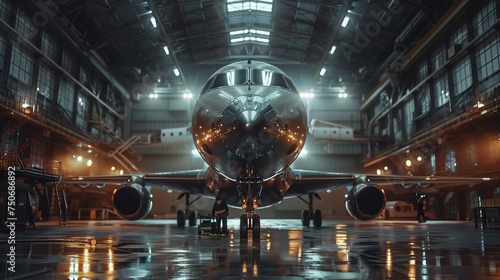 Commercial airplane being serviced in a hangar at night with reflective floor and atmospheric lighting. photo