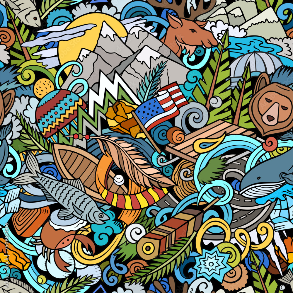 Cartoon doodles Alaska seamless pattern.