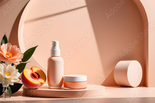 White podiums for the presentation of creams in round jars and tubes on a peach background. Playground AI platform