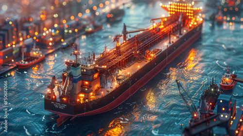 Cargo port illustration. Isometric projection. Big ship,generative ai