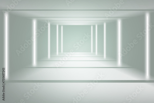 Fototapeta Naklejka Na Ścianę i Meble -  empty white room, abstract background graphic of architecture, a background of an empty space platform, a wall concept background, a rectangular light tunnel, a modern background technology corridor