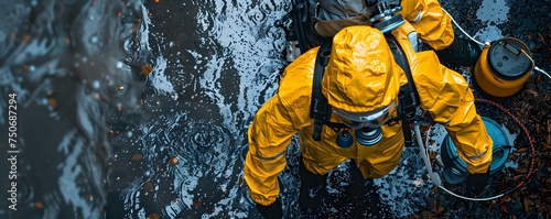 The significance of safety measures showcased in a chemical spill scenario with hazmat suits and warning signs. Concept Chemical Spill, Hazmat Suits, Safety Measures, Warning Signs