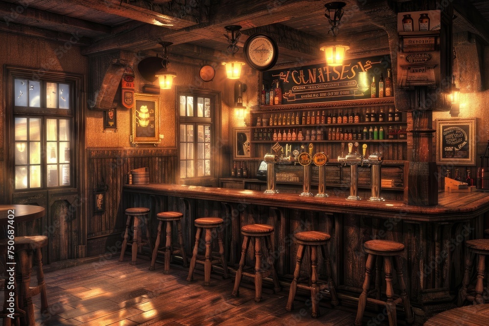 Illustration of a pub with wooden walls, bar counter and chairs Illustration of a pub with wooden walls, bar counter and chairs