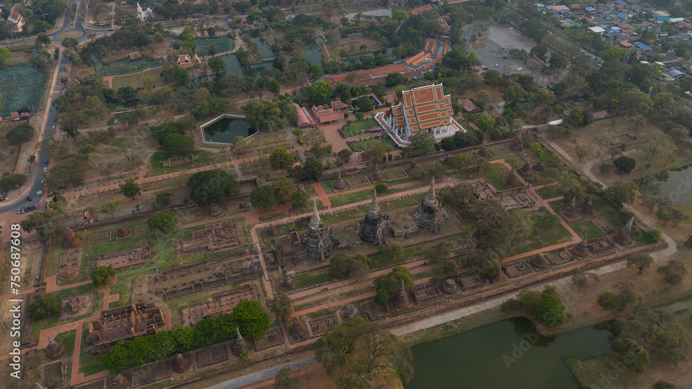 A bird's-eye view from a drone of the ancient capital of Ayutthaya, Thailand.