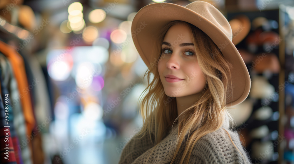 Fashionable woman browsing through a high-end boutique, embodying elegance and high-end fashion amidst vibrant retail ambiance. Fashionable woman browsing through a high-end boutique, embodying elegance and high-end fashion amidst vibrant retail ambiance.