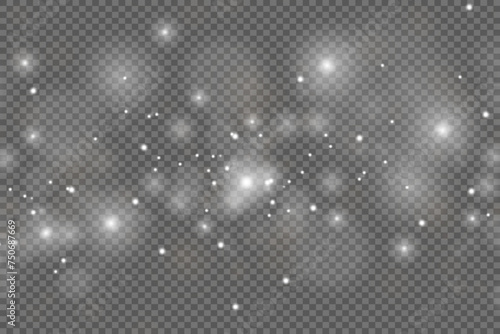 Sparks of dust and a white star shine with a special light. Vector sparkles on a transparent background. Christmas light effect.
