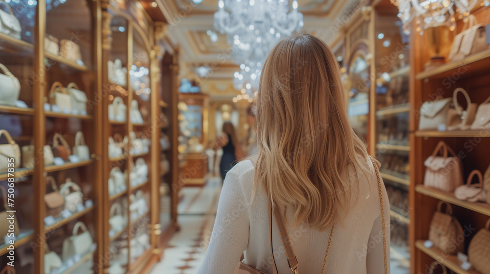 Fashionable woman browsing through a high-end boutique, embodying elegance and high-end fashion amidst vibrant retail ambiance.
