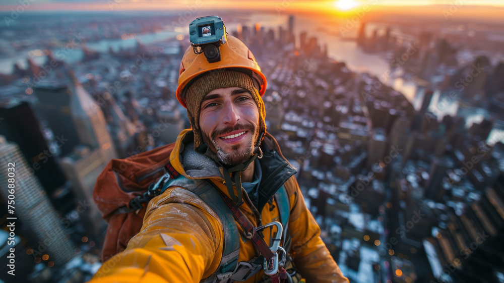 Daring worker in safety gear takes sunset selfie atop building, showcasing risky but essential maintenance work.generative ai Daring worker in safety gear takes sunset selfie atop building, showcasing risky but essential maintenance work.generative ai