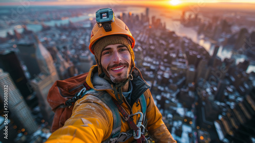 Daring worker in safety gear takes sunset selfie atop building, showcasing risky but essential maintenance work.generative ai © LomaPari2021