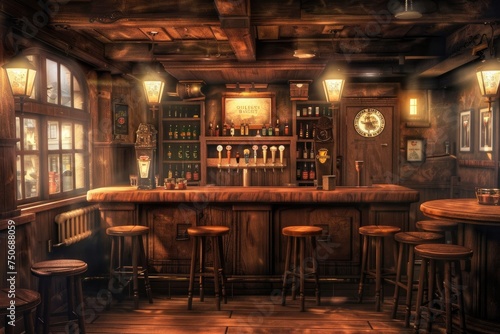 Illustration of a pub with wooden walls, bar counter and chairs