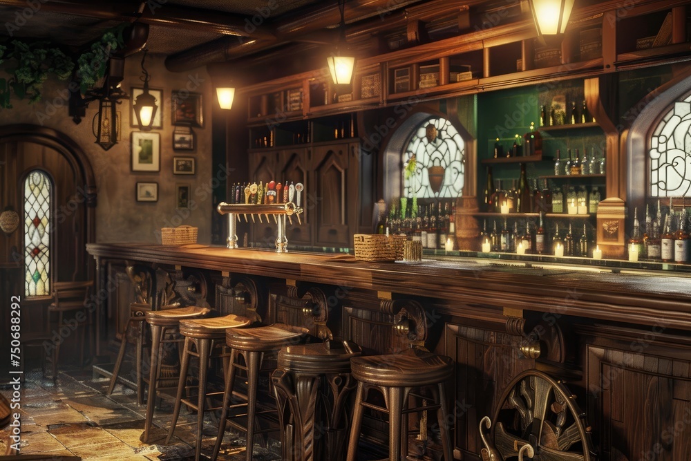 Illustration of a pub with wooden walls, bar counter and chairs - obrazy, fototapety, plakaty 