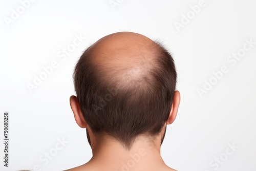 Man with a bald spot on his head, isolated shoot on white background. Male problem of losing hairs. Goog for advertising hair loss, alopecia products.