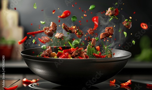 Stir fry meat and vegetables cooking in wok, flying ingredients. Chinese recipes. Wok preparation ingredients