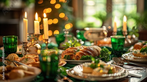 St. Patrick's Day. A cozy and traditional Irish dinner setting with lit candles, warm lighting, and a festive atmosphere.
