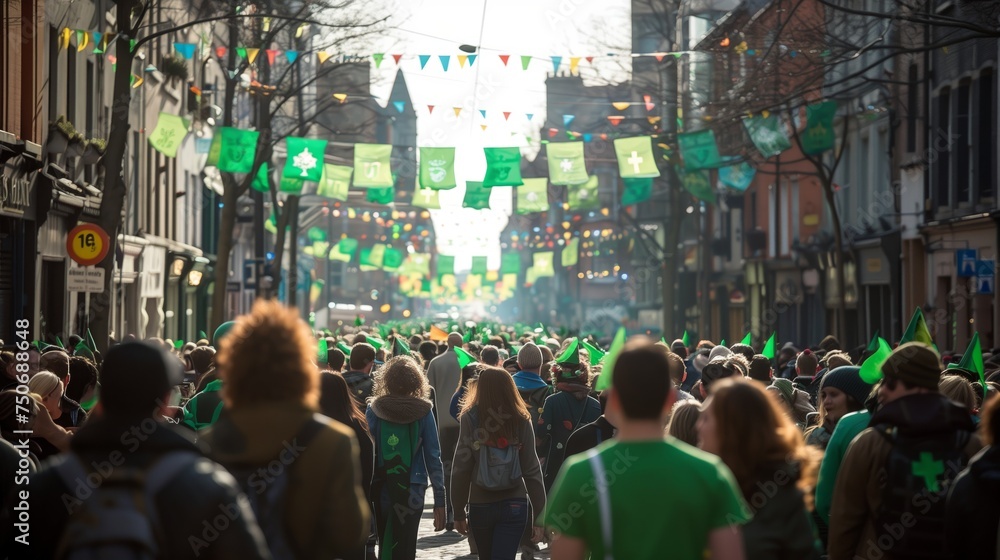 St. Patrick's Day Parade. Crowded street during a St. Patrick's Day parade with people wearing green and festive decorations hanging above.