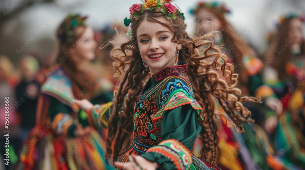 St. Patrick's Day. A joyful child dancing in a vibrant traditional costume during a St. Patrick's Day parade, embodying cultural celebration.
