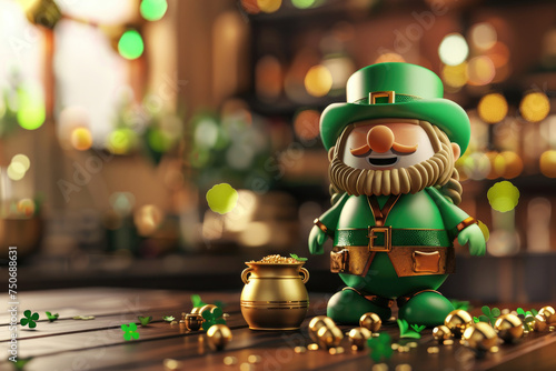 Leprechaun with gold pot of clover on wooden table