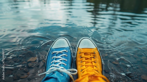 A detailed shot of a pair of feet at the edge of a serene lake, one shoe in classic blue and the other in sunny yellow