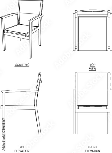 Vector sketch illustration of the design of a relaxing armchair with a backrest seen from various sides