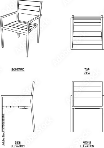 Vector sketch illustration of the design of a relaxing armchair with a backrest seen from various sides