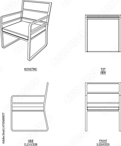 Vector sketch illustration of the design of a relaxing armchair with a backrest seen from various sides