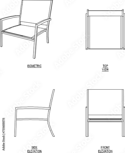 Vector sketch illustration of the design of a relaxing armchair with a backrest seen from various sides