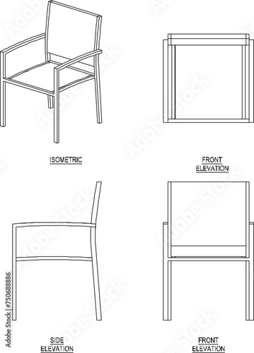 Vector sketch illustration of the design of a relaxing armchair with a backrest seen from various sides