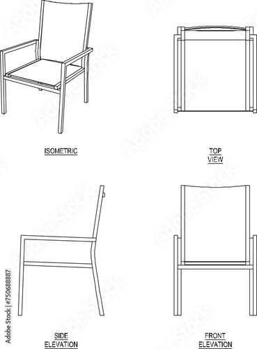Vector sketch illustration of the design of a relaxing armchair with a backrest seen from various sides