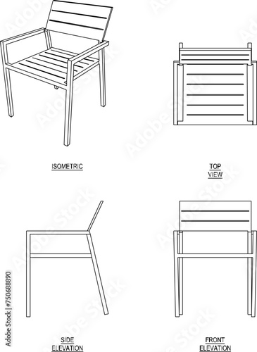Vector sketch illustration of the design of a relaxing armchair with a backrest seen from various sides 