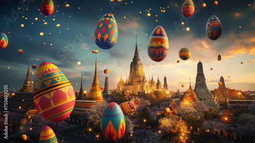 Easter eggs falling from the sky in Thailand with ancient temples and the Chao Phraya River © Phichet1991
