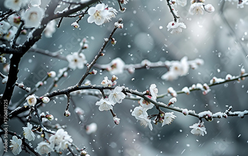 plum blossoms in snowflakes,created with Generative AI tecnology. 