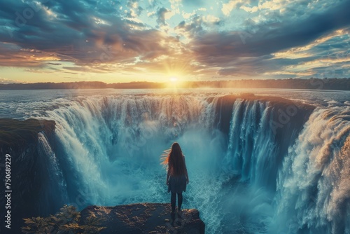 Woman Contemplating Majestic Waterfall at Sunset - Peace, Solitude, and Natural Wonder