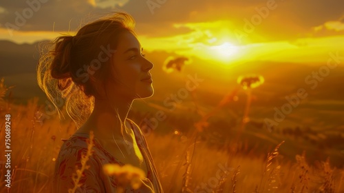 Serene Young Woman Enjoying Sunset in Golden Wheat Field, Tranquil Nature Beauty, Peaceful Countryside © pisan