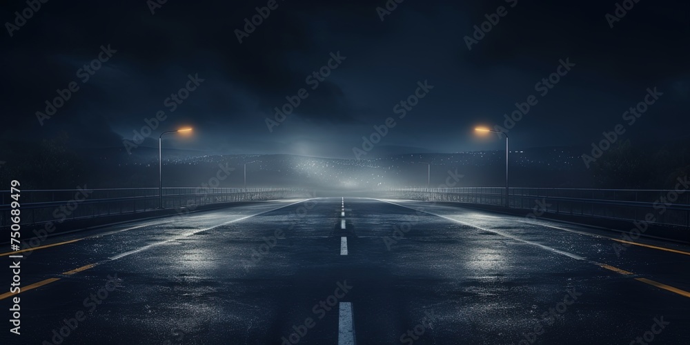 Midnight road or alley with car headlights pointed this way. Wet, hazy asphalt road with construction metal fences on both sides. drag race, crime, midnight activity concept.