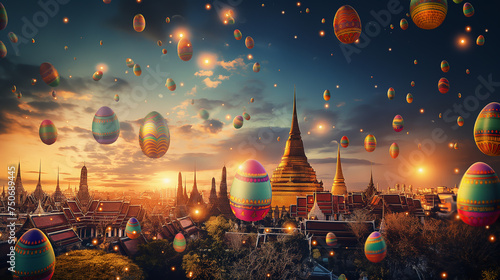 Easter eggs falling from the sky in Thailand with ancient temples and the Chao Phraya River © SongMin