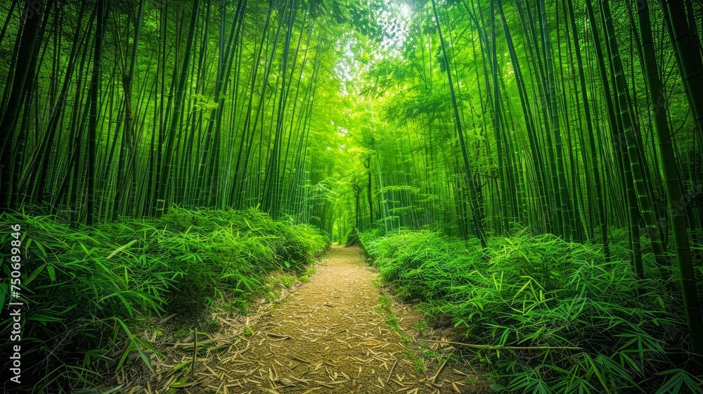 Obraz premium Enchanting Sunlit Bamboo Forest Path with Lush Green Foliage and Serene Nature Ambience