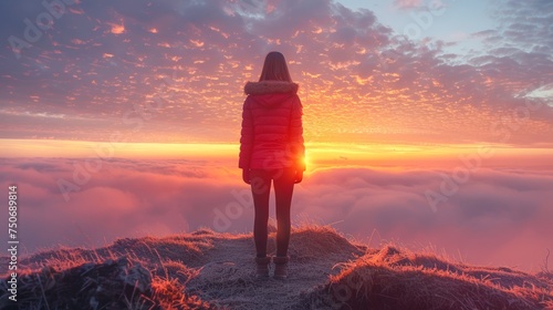 Young Woman Standing on a Mountain Peak Overlooking a Stunning Cloud Inversion at Sunrise