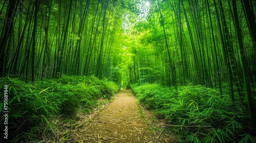 Enchanting Sunlit Bamboo Forest Path with Lush Green Foliage and Serene Nature Ambience