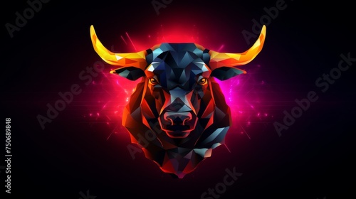 Neon red bull head animal art concept on dark background with copy space, creative banner design