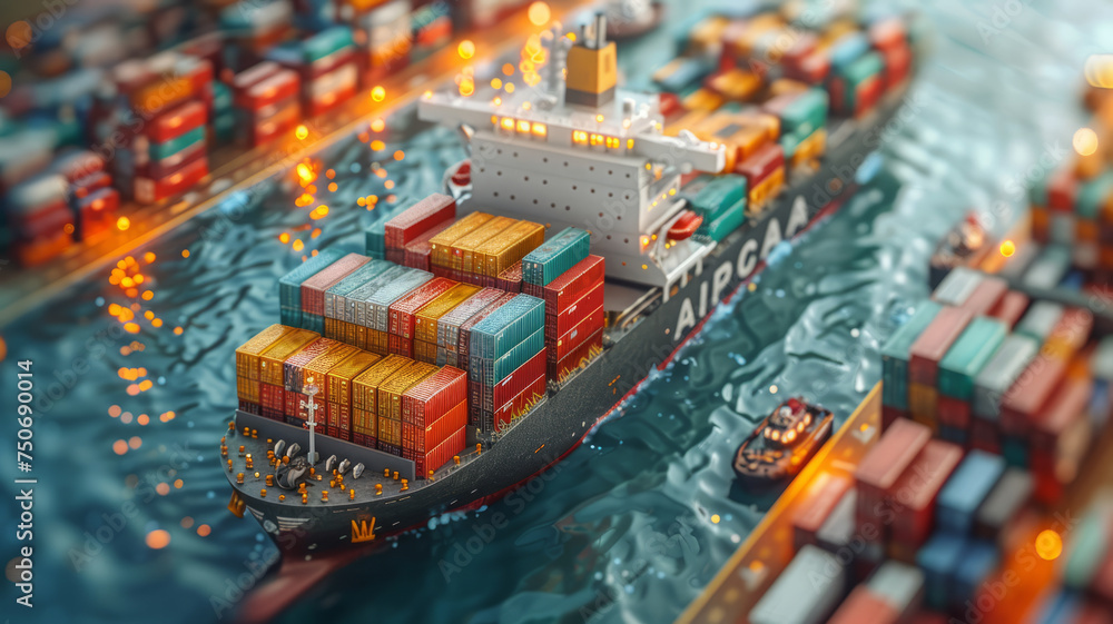 Obraz premium Cargo port illustration. Isometric projection. Big ship,generative ai