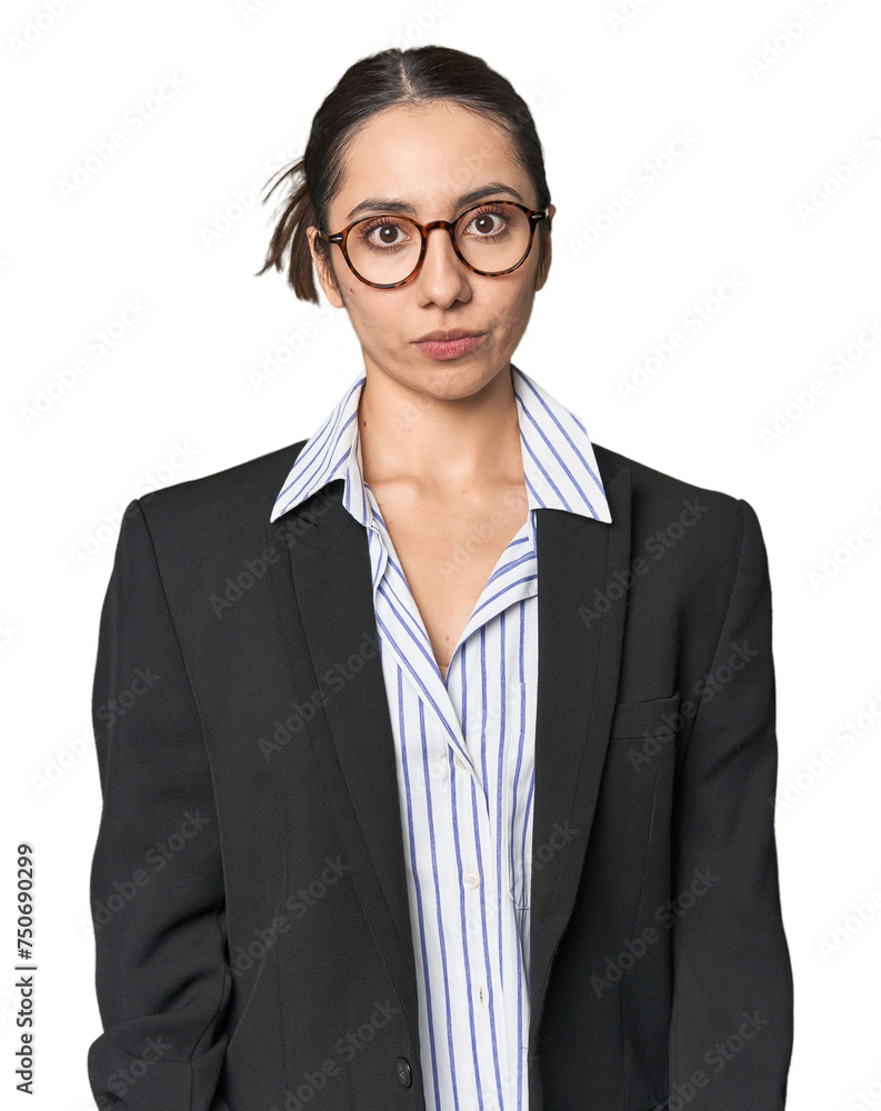 Confident young Caucasian businesswoman on studio background sad, serious face, feeling miserable and displeased. Confident young Caucasian businesswoman on studio background sad, serious face, feeling miserable and displeased.