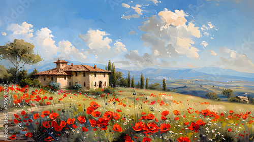 Poppies field around a rural country house in Catalonia