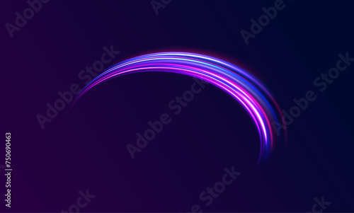 Light motion trails. High speed motion blurred light effects at night in blue and red colors. Night starry sky. Meteor shower, abstract space background. 