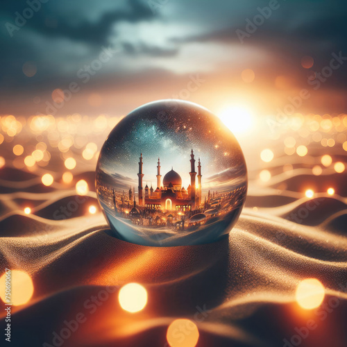 Islamic holiday celebration background with fairy mosque and desert landscape suitable for Ramadan  Eid al-Fitr or Hari Raya.