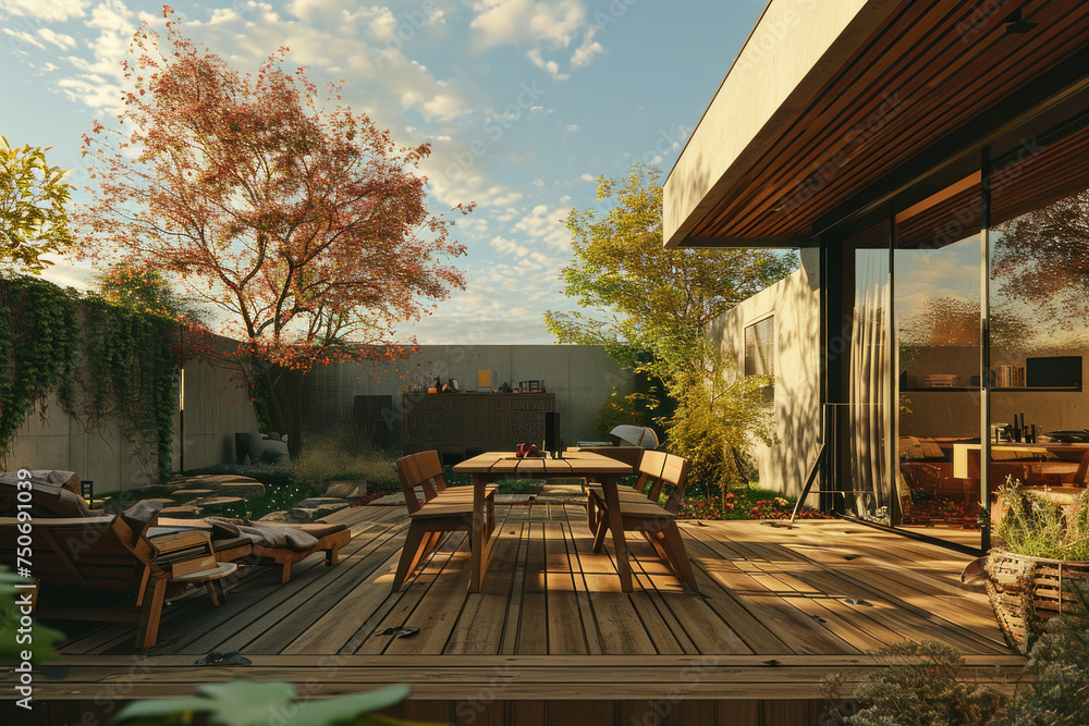Obraz premium Beautiful outdoor patio with wooden decking, stylish chairs and vibrant plants under the sun