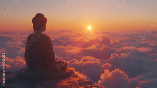 Buddha statue praying above the clouds with a clear sky © Hamsyfr