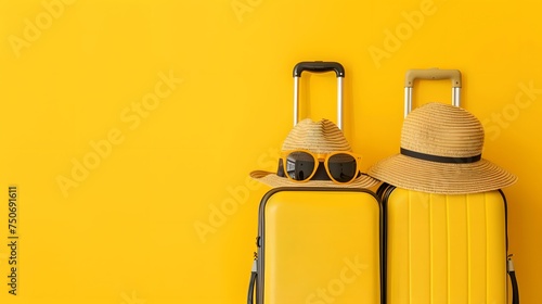 two travel suitcase with glasses and cap and yellow backgrond. © asma