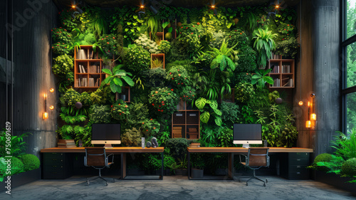 Modern office of ecological and sustainable architecture and design with plants, vertical garden, wooden furniture and computer,generative ai